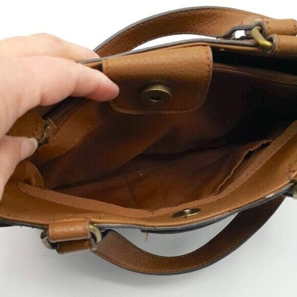 John Romaine Canvas Handbag Black Tan Zip Magnetic Closure Vegan Leather Vintage - Picture 5 of 8